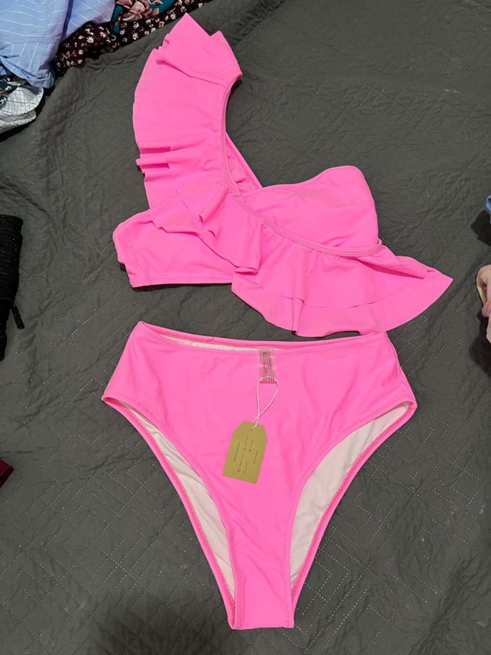 One-Shoulder Ruffle High-Waist Bikini Set - Hot Pink
